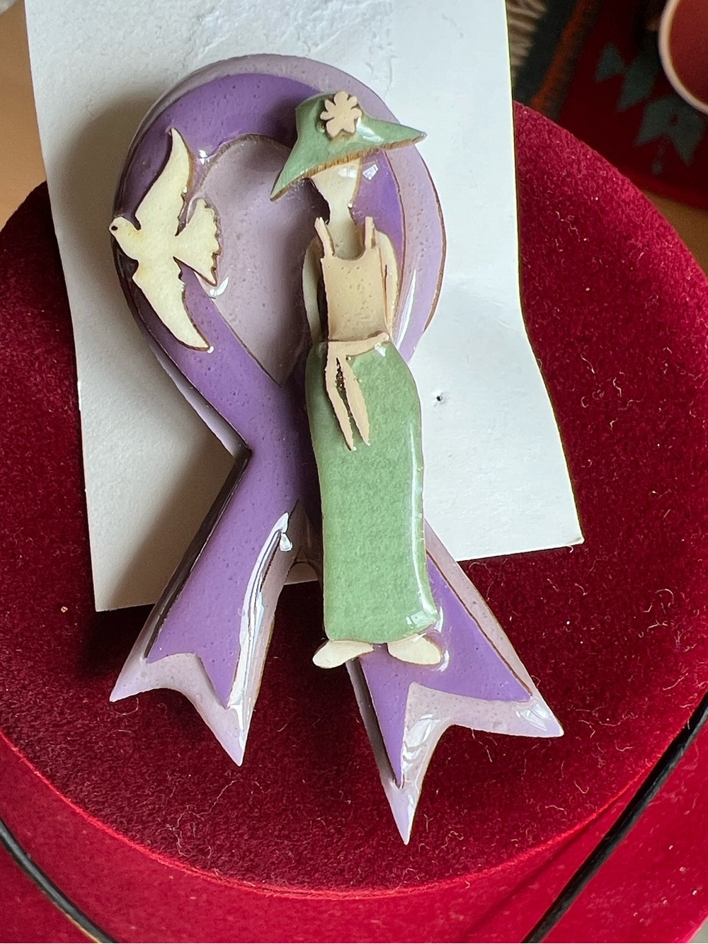 Purple Ribbon Peace Dove Woman Brooch Pin